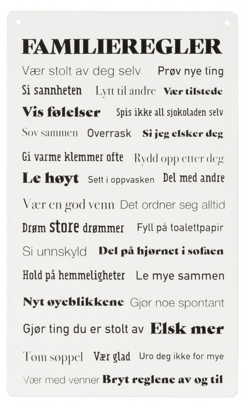 Metallskilt avlangt Familieregler hvit 16x27cm